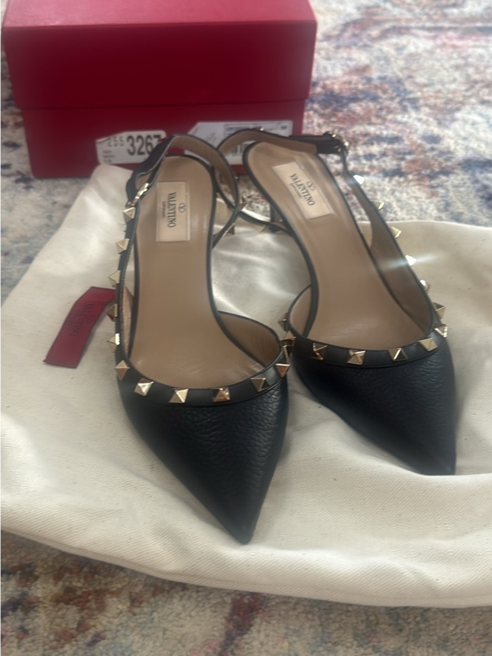 Valentino Black Leather Pointed Slingback Flats with Gold Rockstuds - Picture 2 of 5